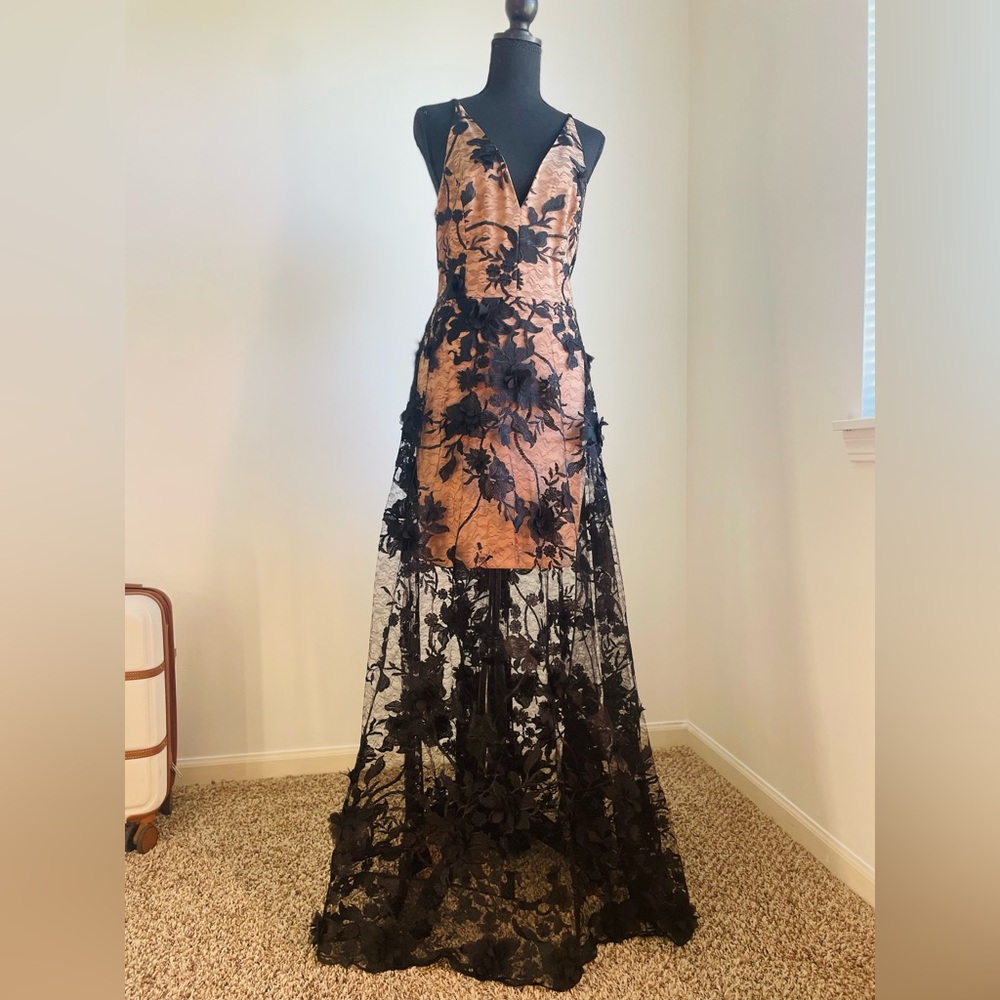 New Dress The Population Sidney Maxi Dress SZ L Black Nude Floral Lace Appliqué - Picture 5 of 10